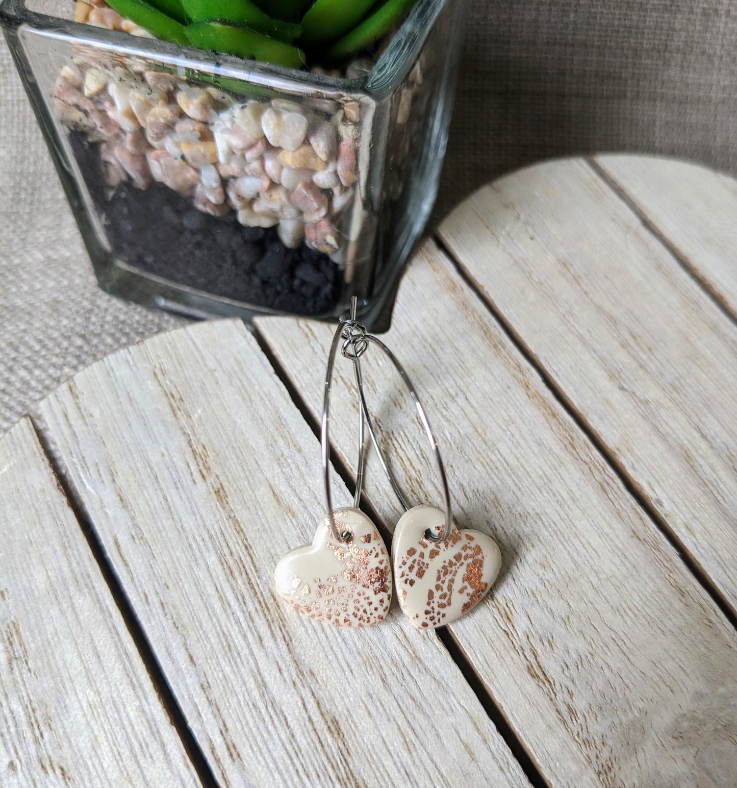 Nude/rose gold heart hoops